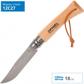 Нож OPINEL №7, нержавеющая сталь, рукоять из бука, с кожаным темляком 001372 Нож OPINEL №7, нержавеющая сталь, рукоять из бука, с кожаным темляком 001372