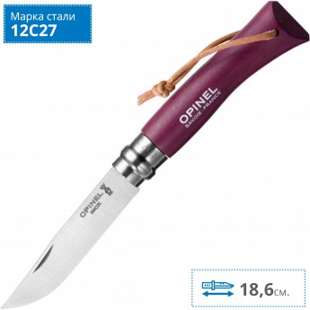 Нож OPINEL №7 TREKKING, нержавеющая сталь, кожаный темляк, фиолетовый 001444