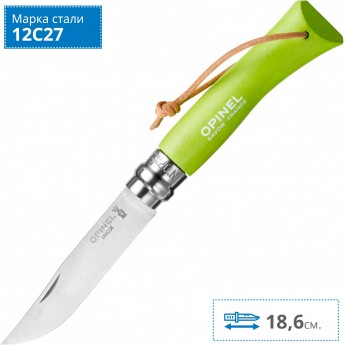 Нож OPINEL №7 TREKKING, нержавеющая сталь, кожаный темляк, светло-зеленый 001442